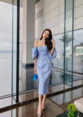 Tube Pleated Off-Shoulder Puff Sleeve Dress S / Blue